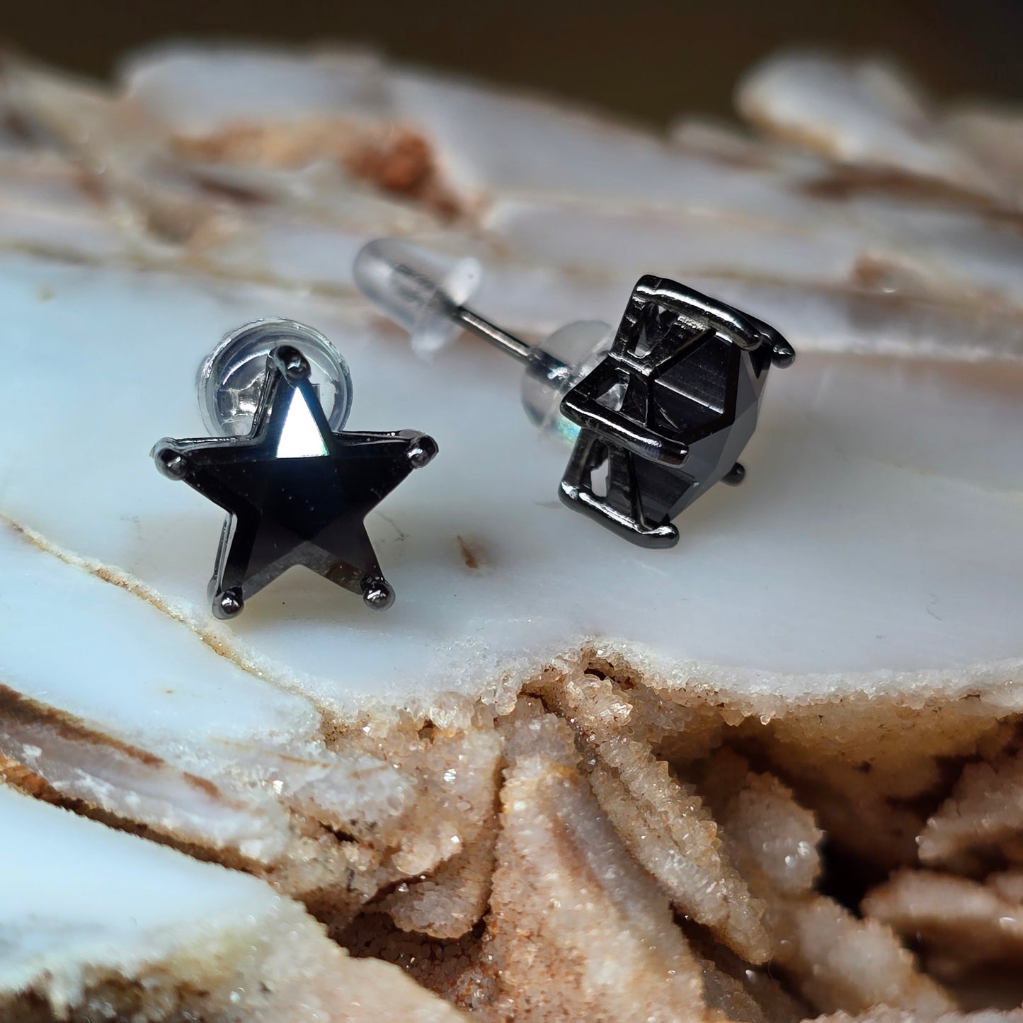 Jedi Faceted Black Spinel Star Ear Studs Sterling Silver Gunmetal Finish