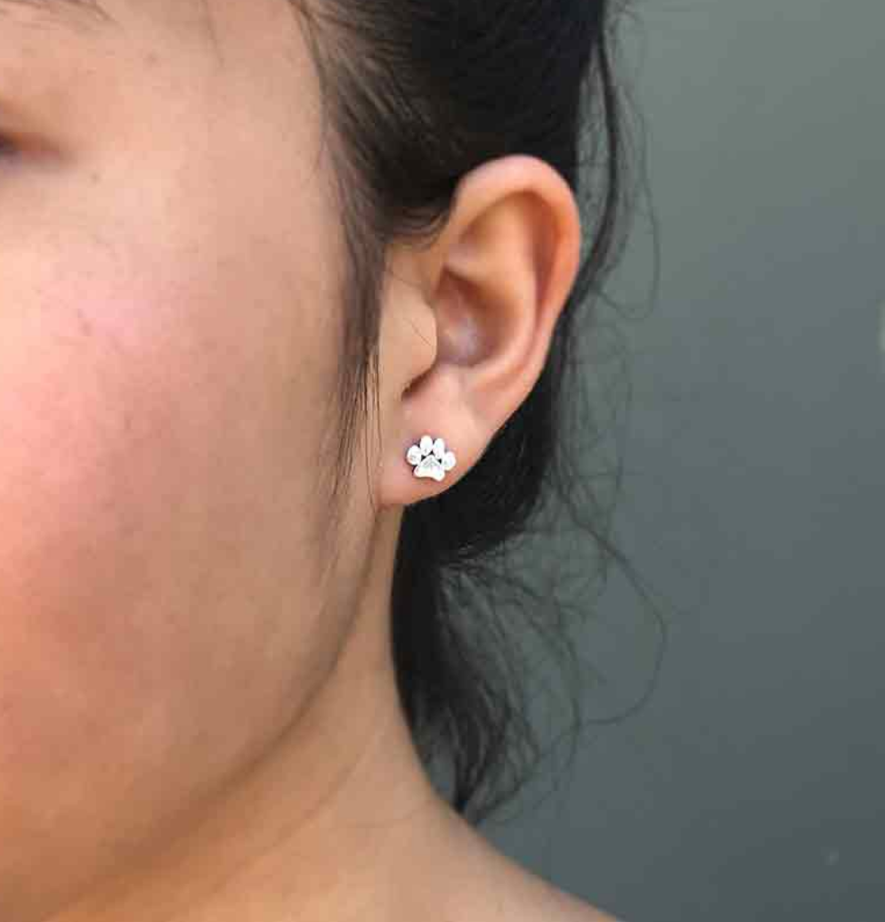 Paw Print Post Earrings 6x7mm: Recycled Sterling Silver