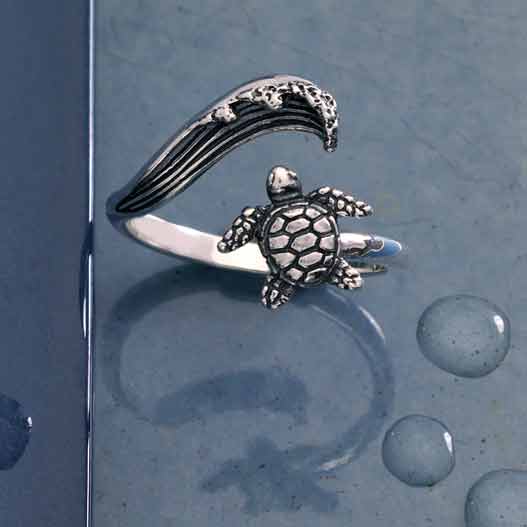 Sterling Silver Sea Turtle & Wave Adjustable Ring: Sterling Silver