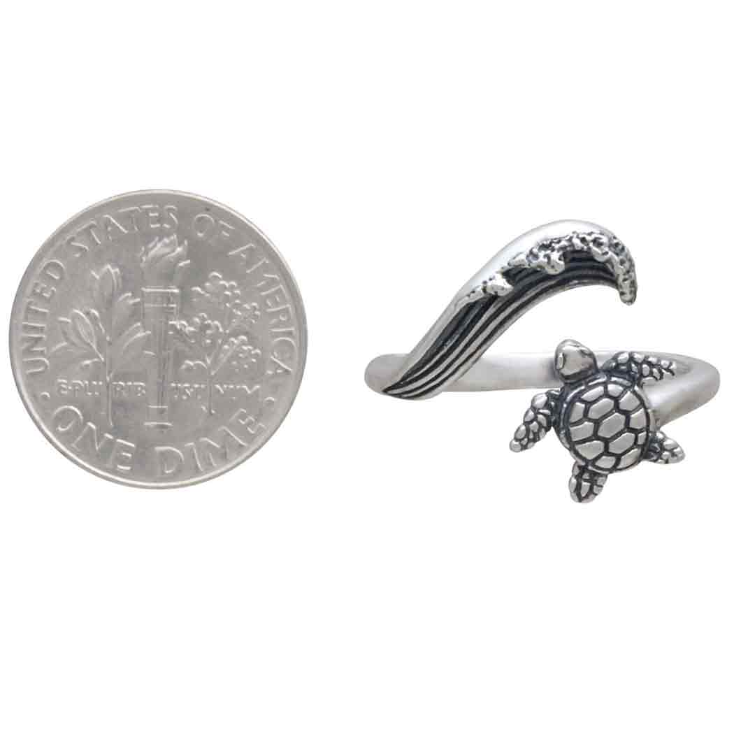 Sterling Silver Sea Turtle & Wave Adjustable Ring: Sterling Silver