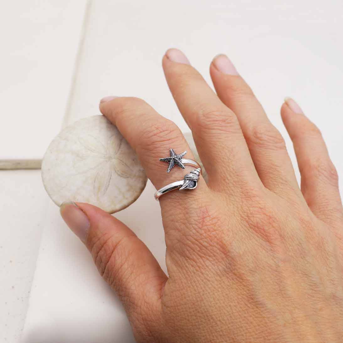 Sterling Silver Adjustable Starfish and Conch Shell Ring