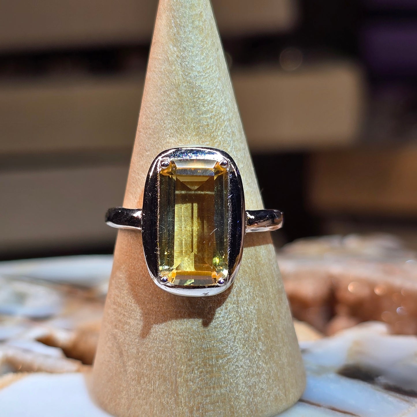 Long Emerald Cut Citrine Ring