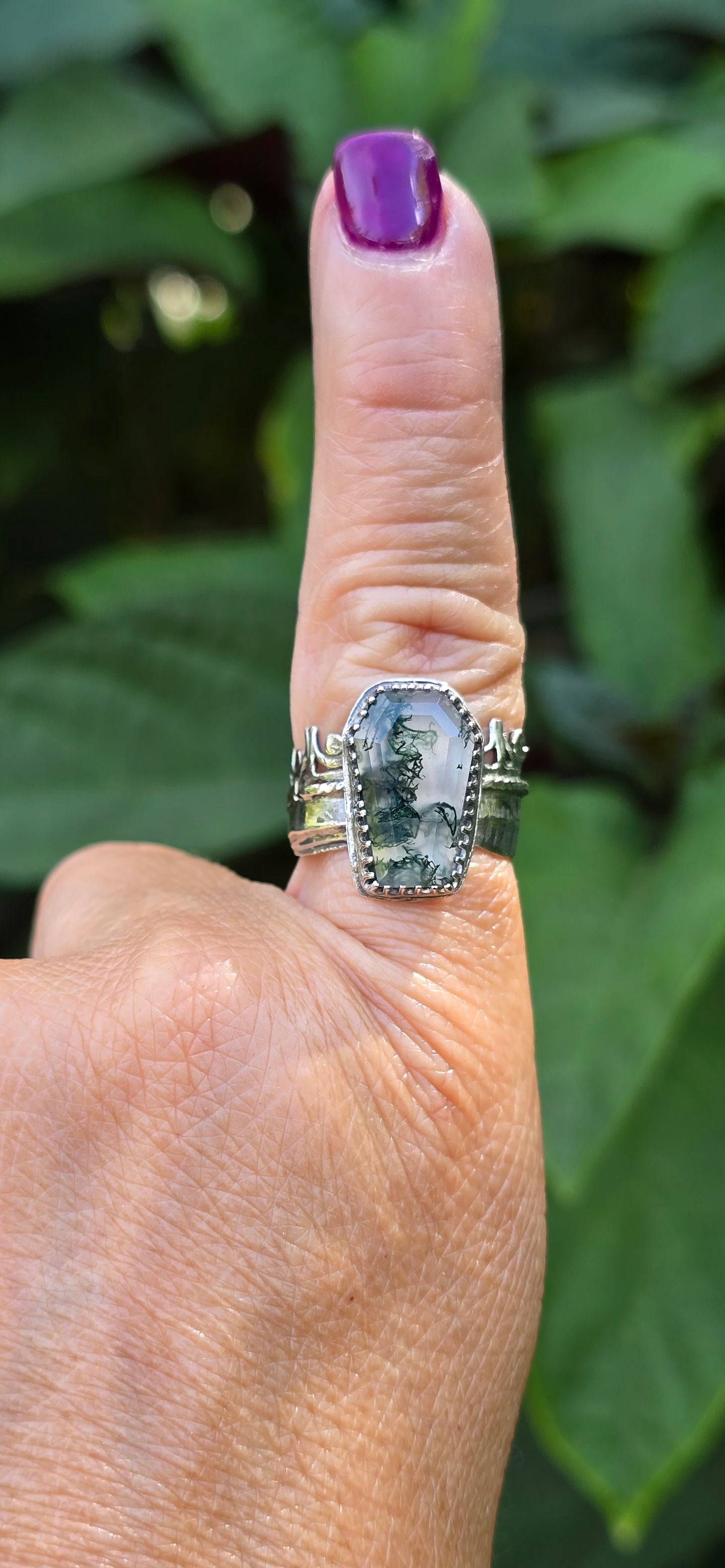 Sterling Silver Moss Agate Coffin Ring