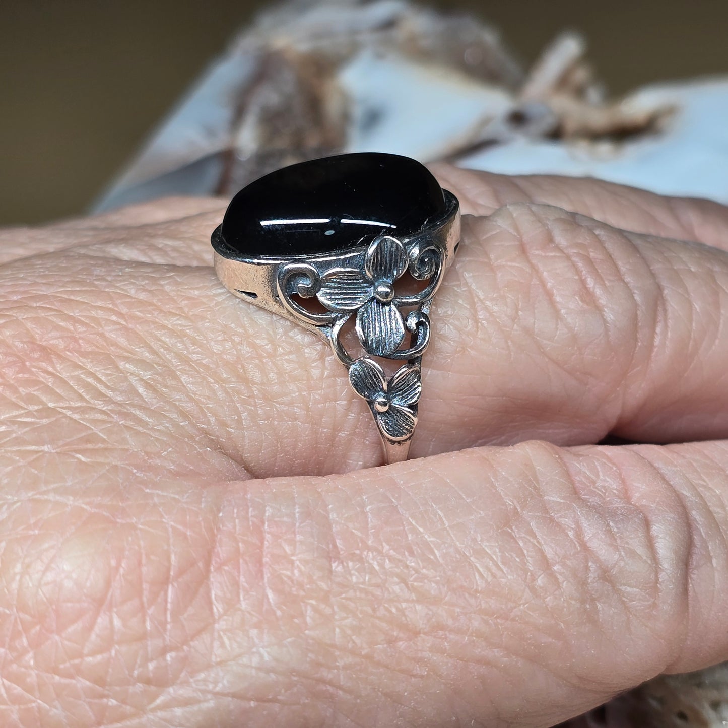 Black Onyx Cabochon Ring, Sterling Silver