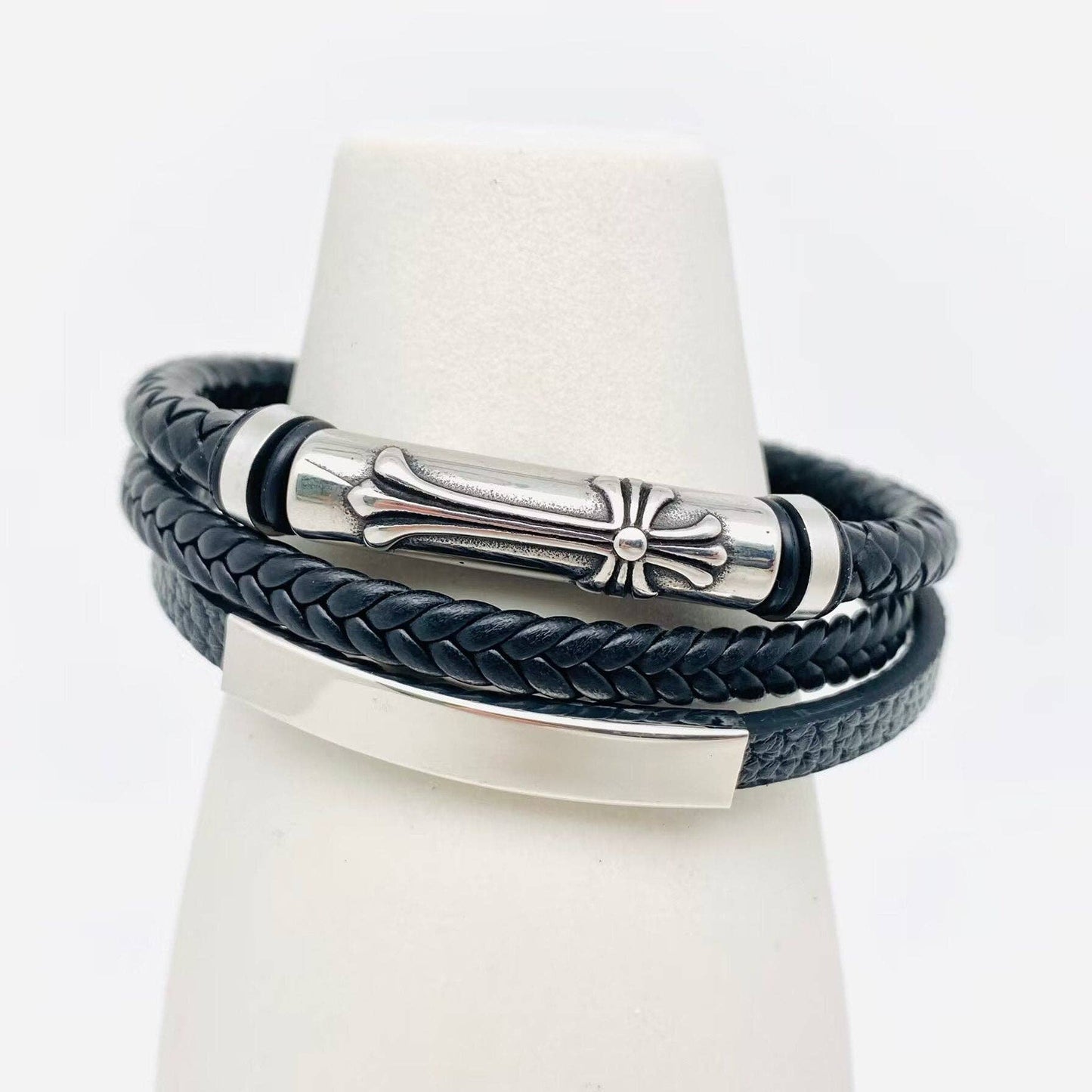 Stainless Steel Cross Leather Triple Layer Bracelet - MJ/BC