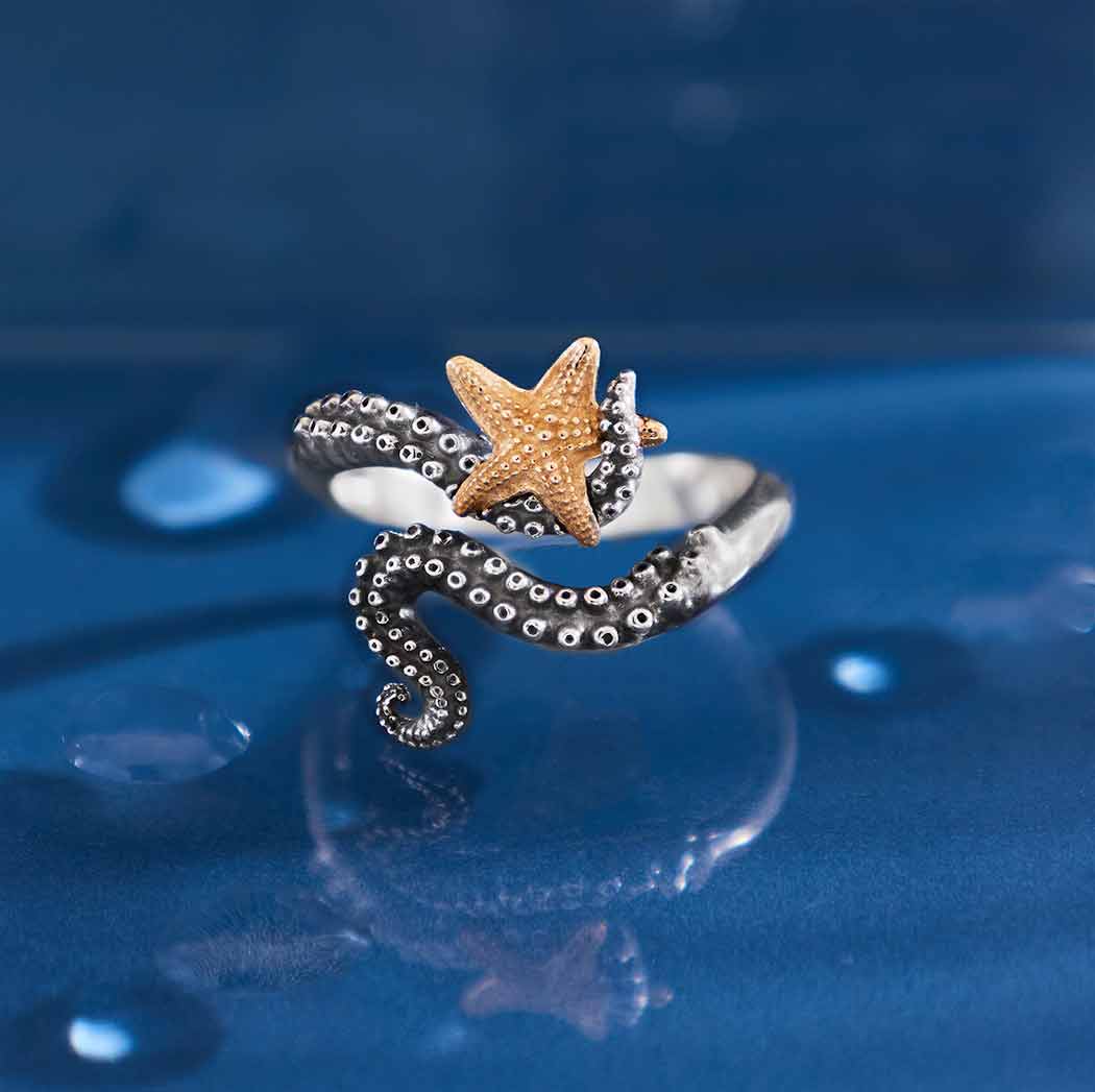 Sterling Silver Adjustable Octopus Tentacle Ring with Bronze Starfish