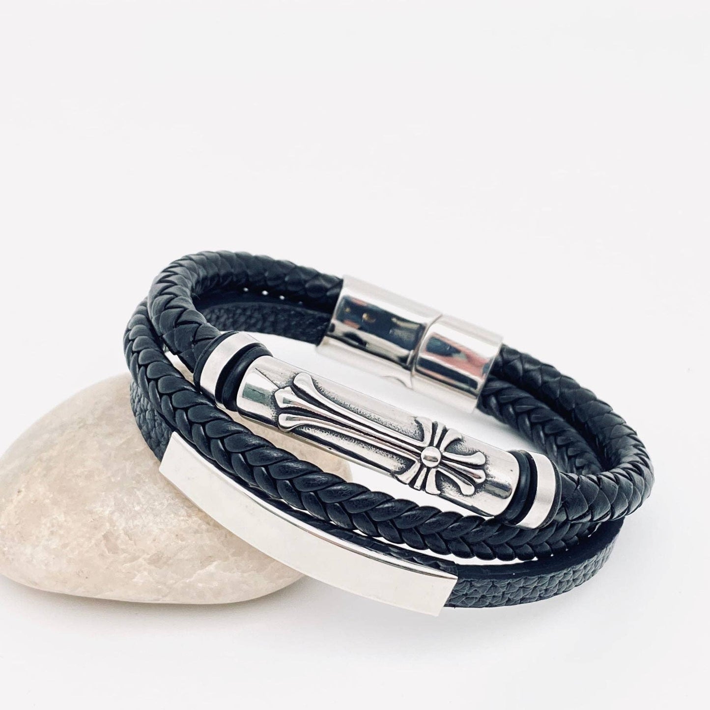 Stainless Steel Cross Leather Triple Layer Bracelet - MJ/BC