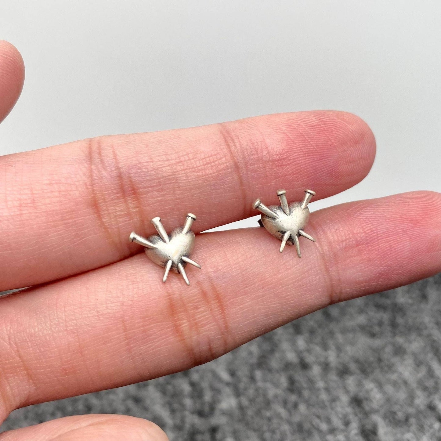 S925 Sterling Silver Gothic Nail Puncture Heart Ear Studs