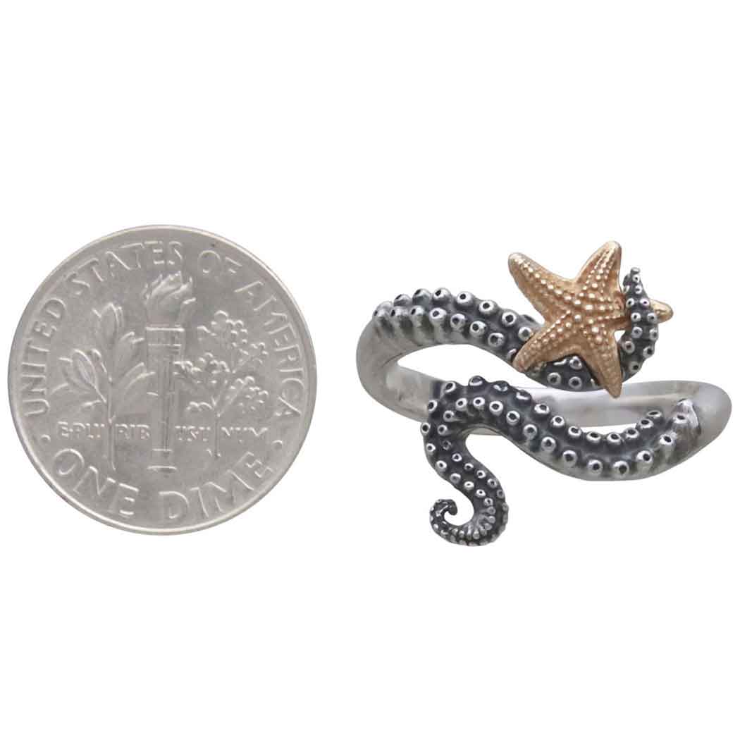 Sterling Silver Adjustable Octopus Tentacle Ring with Bronze Starfish