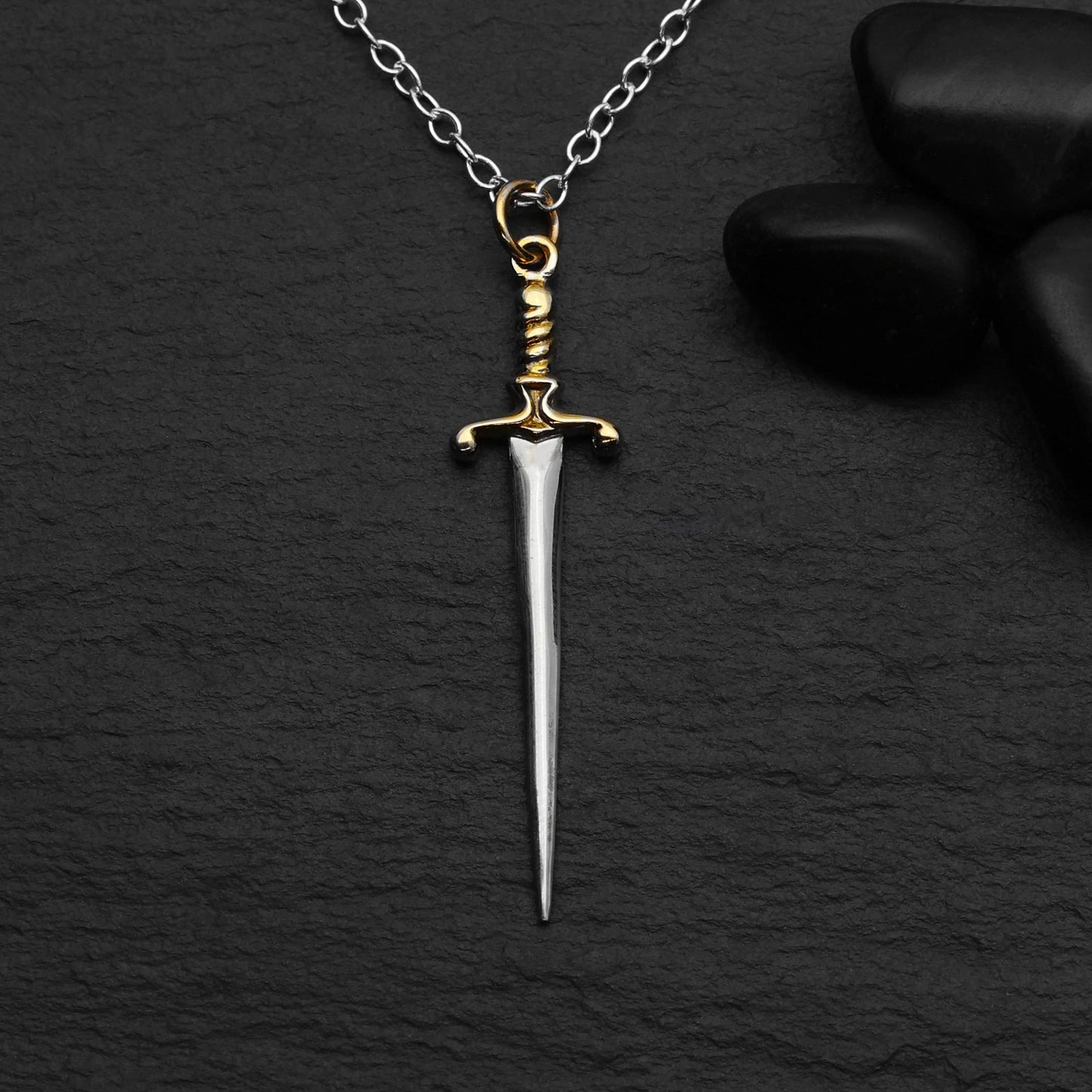 Sterling Silver Sword Necklace with Bronze Handle 18 Inch