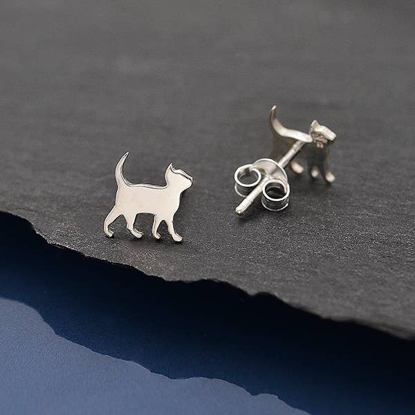 Sterling Silver Curious Kitten Post Earrings 8x9mm