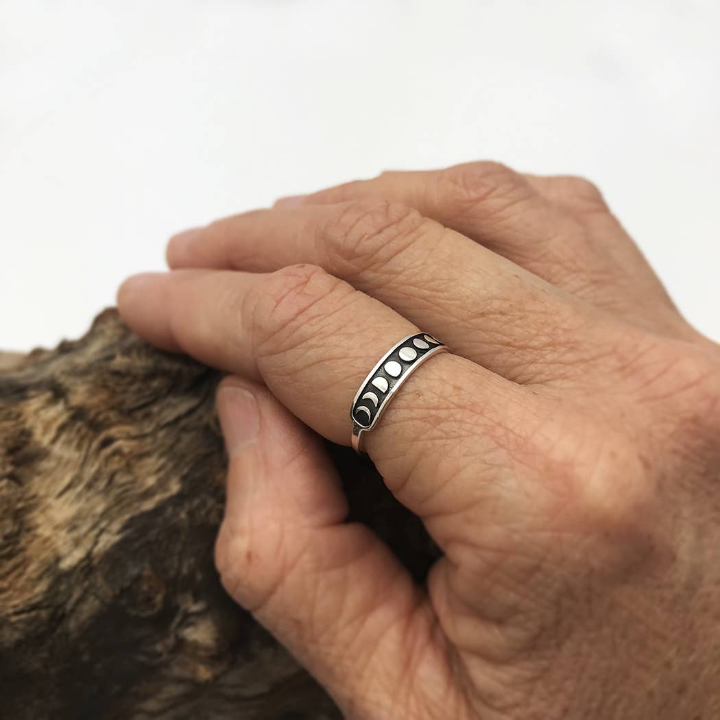 Sterling Silver or Bronze Moon Phases Ring: Recycled Sterling Silver / 9