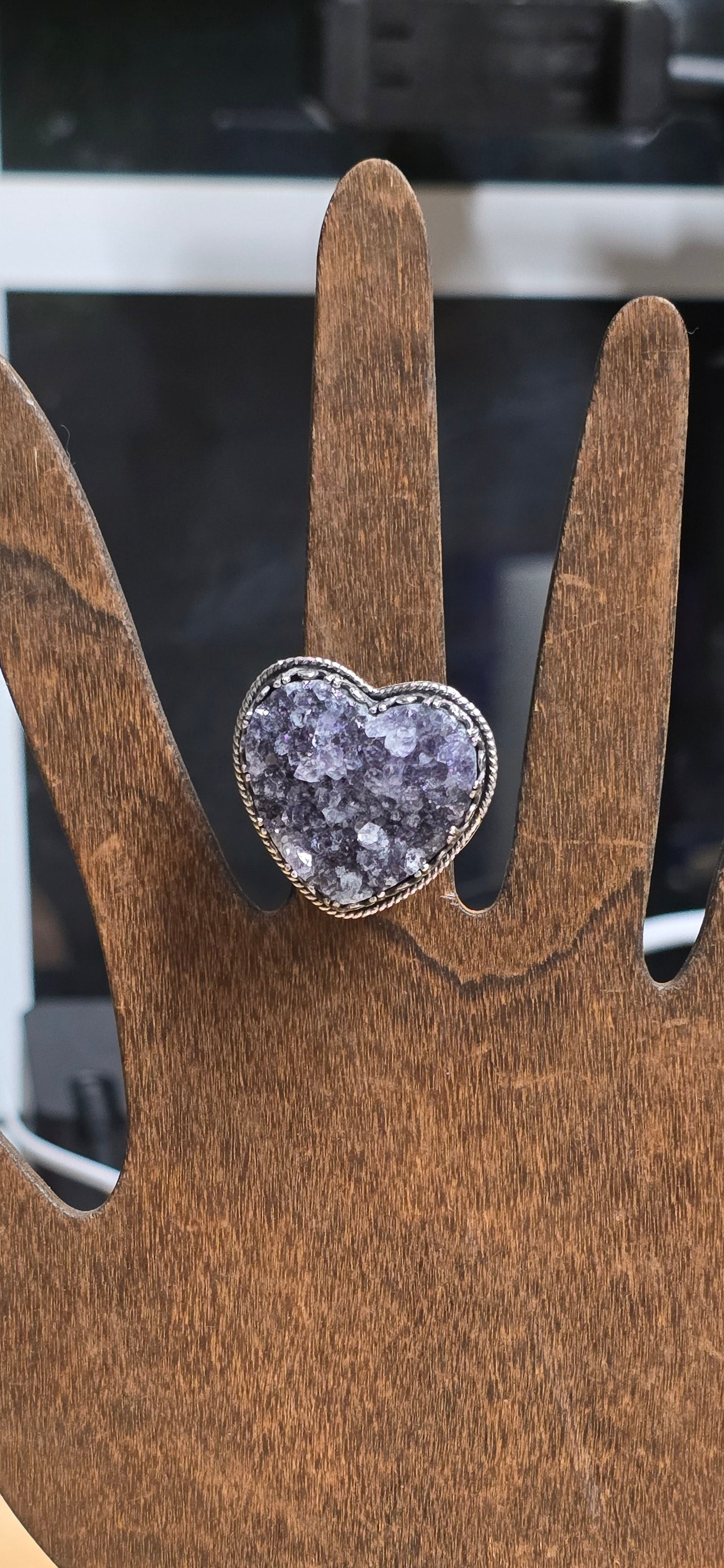 Sterling Silver Amethyst Druzy Heart Ring