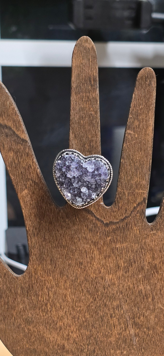 Sterling Silver Amethyst Druzy Heart Ring