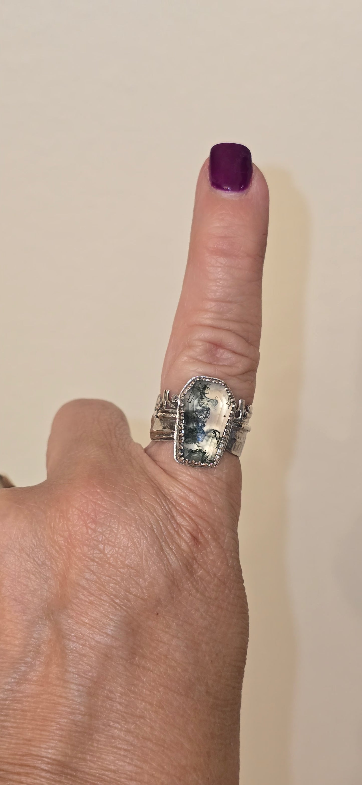 Sterling Silver Moss Agate Coffin Ring