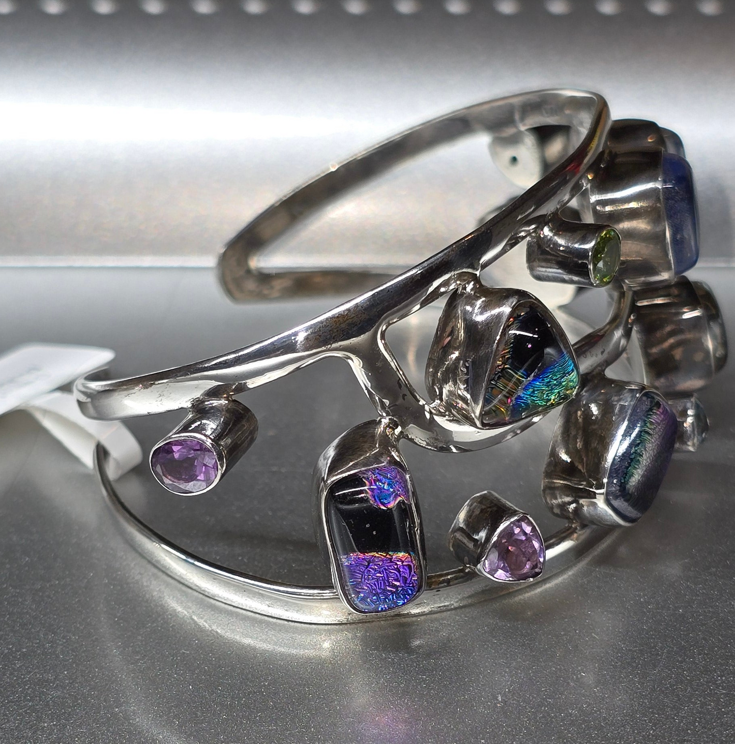 Dichroic Glass & Gemstone Sterling Silver Cuff