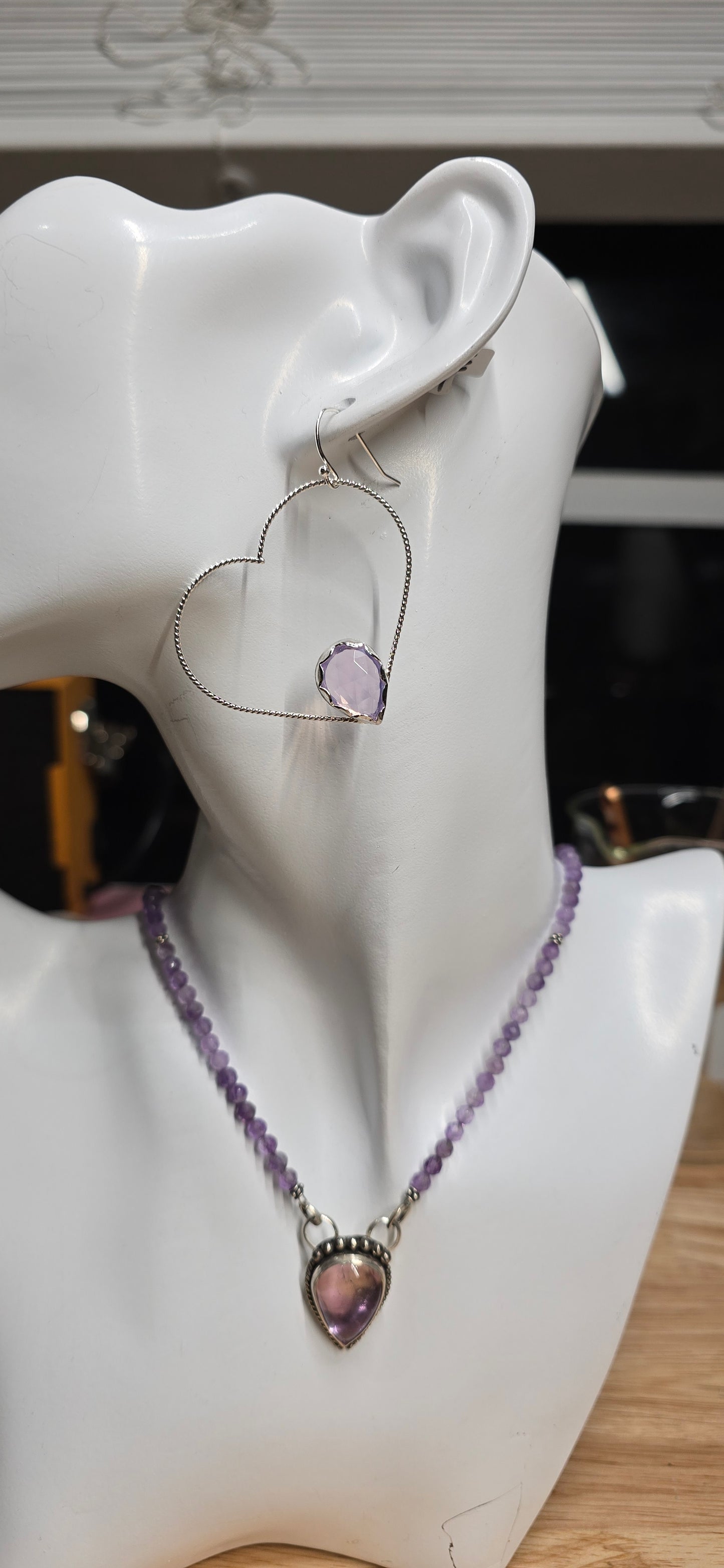 Faceted Lavender Quartz Sterling Silver Twist Wire Heart Hoops
