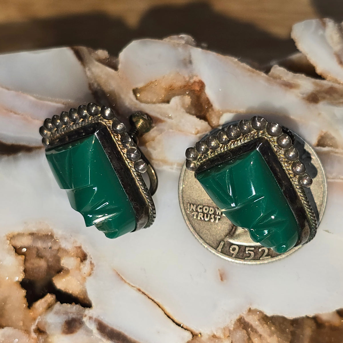 VINTAGE Sterling Silver Green Onyx Carved Faces Screwback Earrings