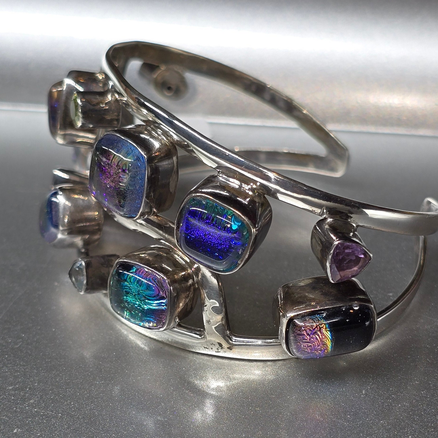 Dichroic Glass & Gemstone Sterling Silver Cuff