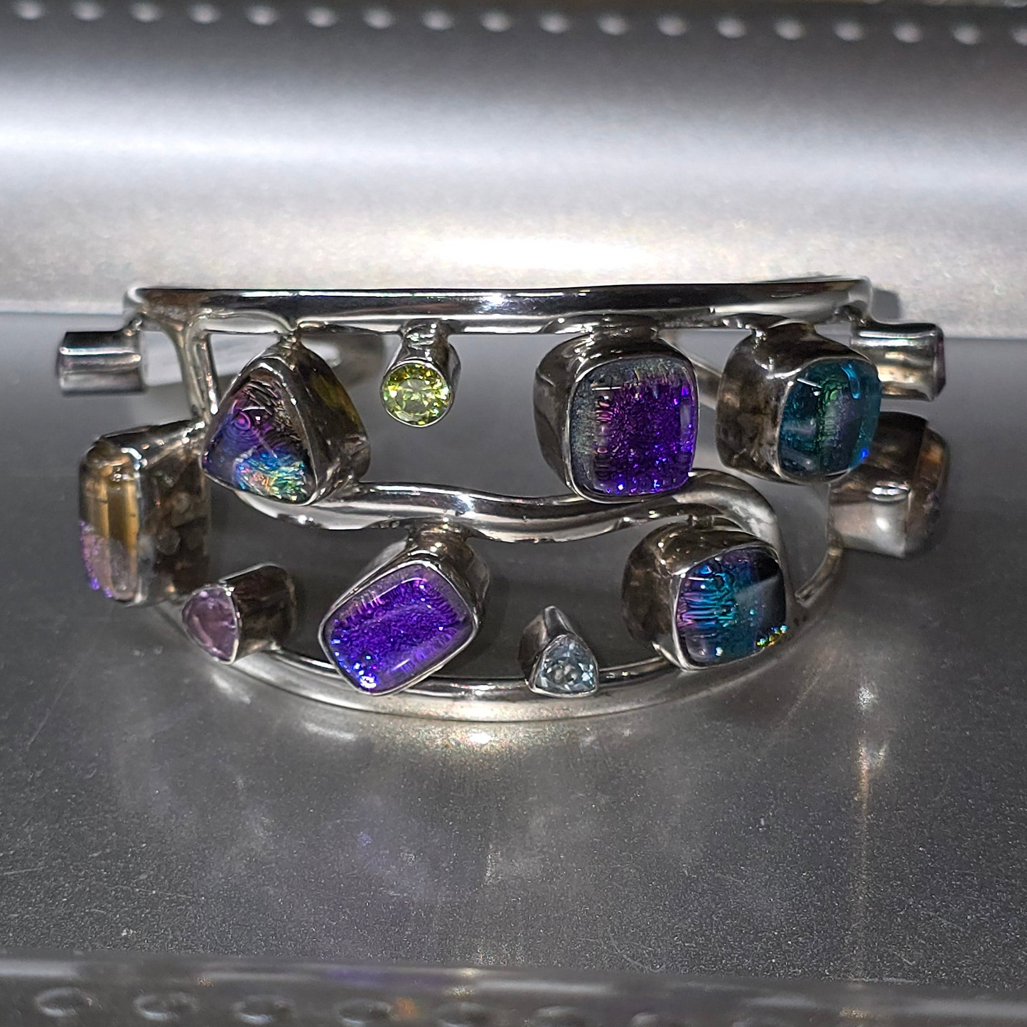 Dichroic Glass & Gemstone Sterling Silver Cuff
