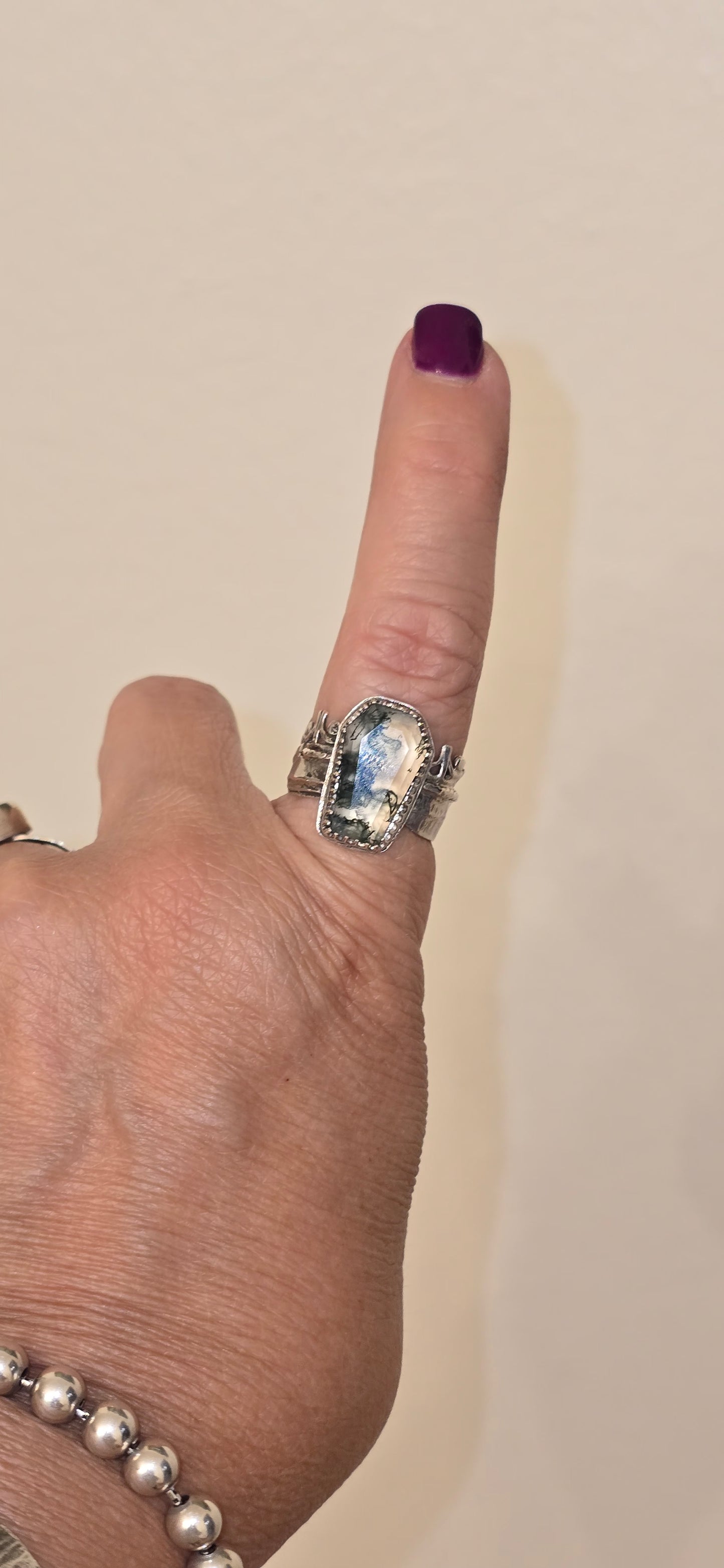 Sterling Silver Moss Agate Coffin Ring