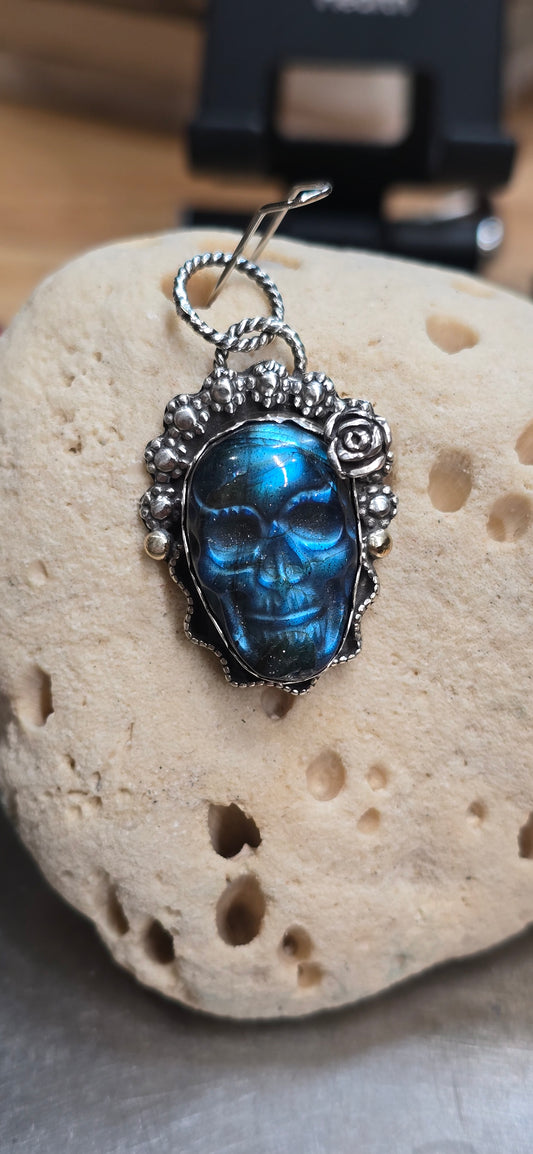 Sterling Silver Labradorite Sugar Skull Pendant [14kt Ear Studs]