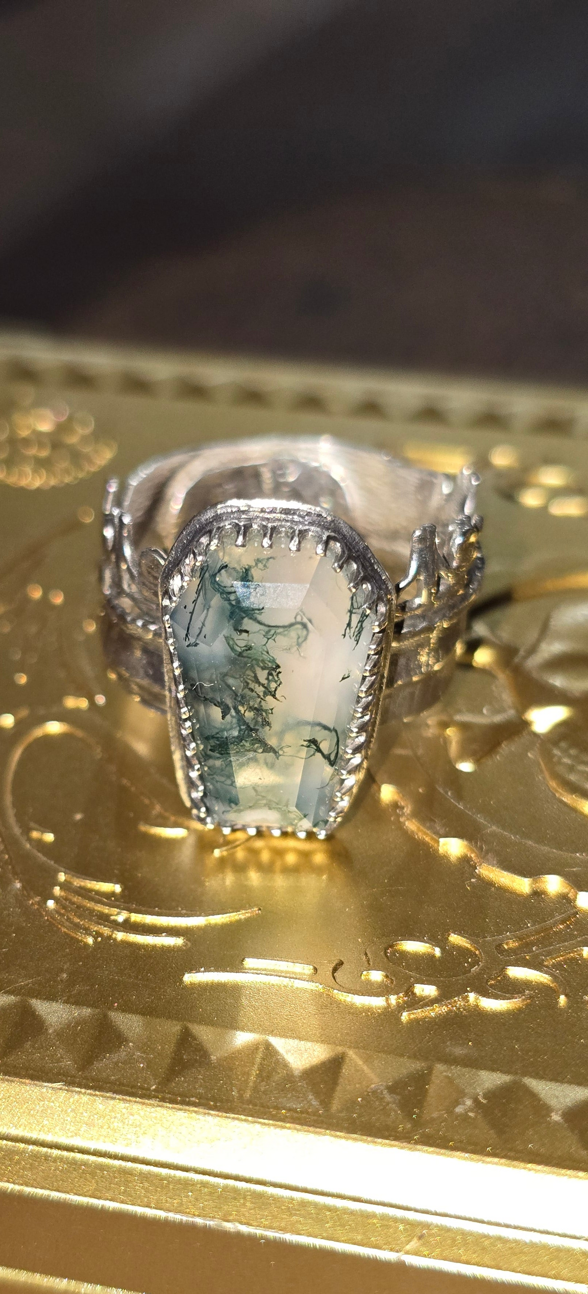 Sterling Silver Moss Agate Coffin Ring
