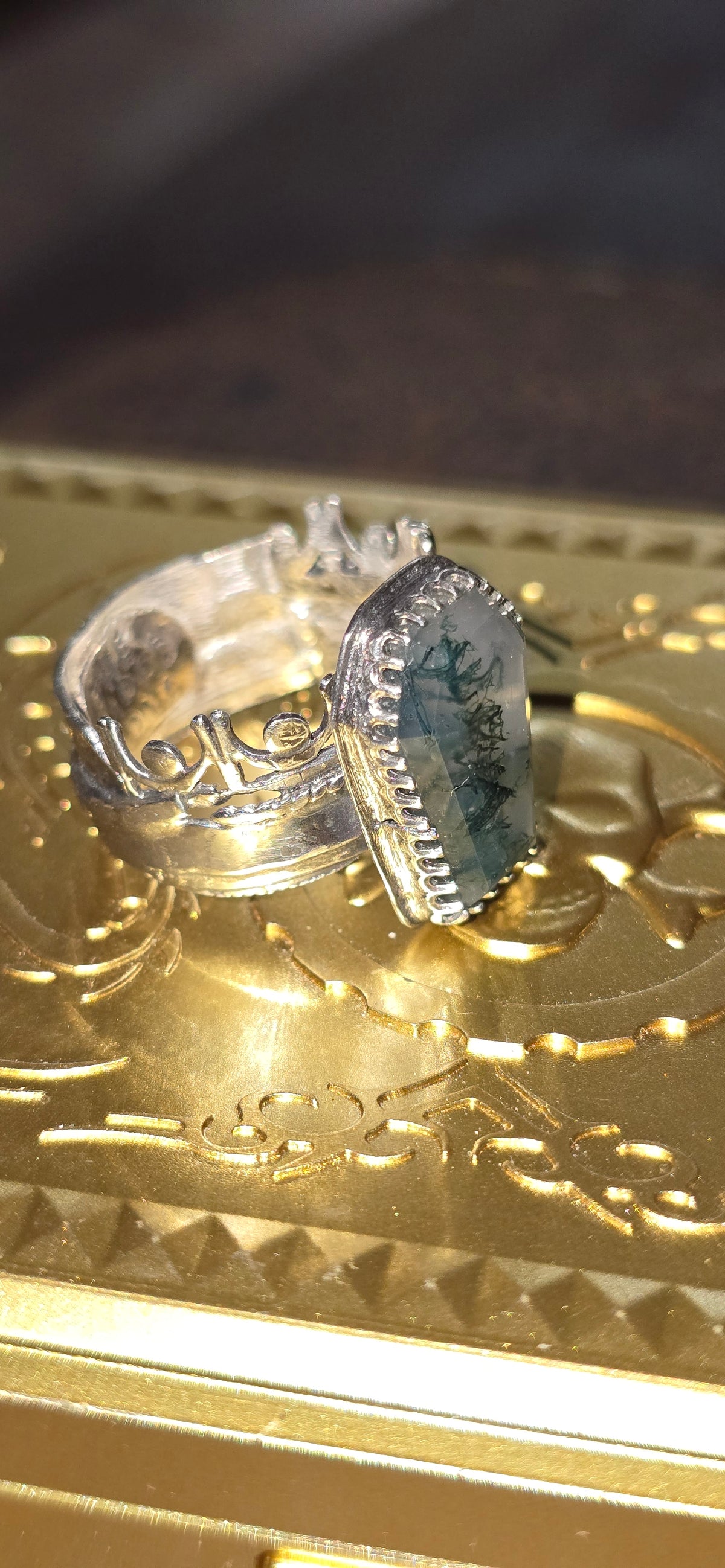 Sterling Silver Moss Agate Coffin Ring