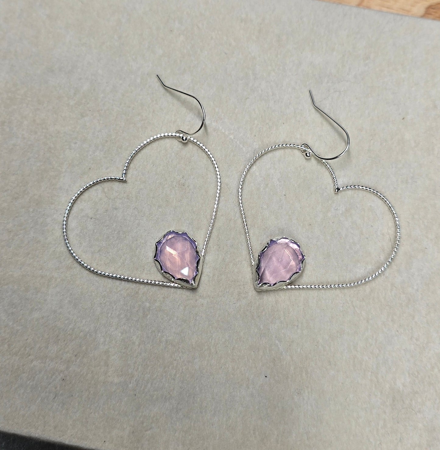 Faceted Lavender Quartz Sterling Silver Twist Wire Heart Hoops