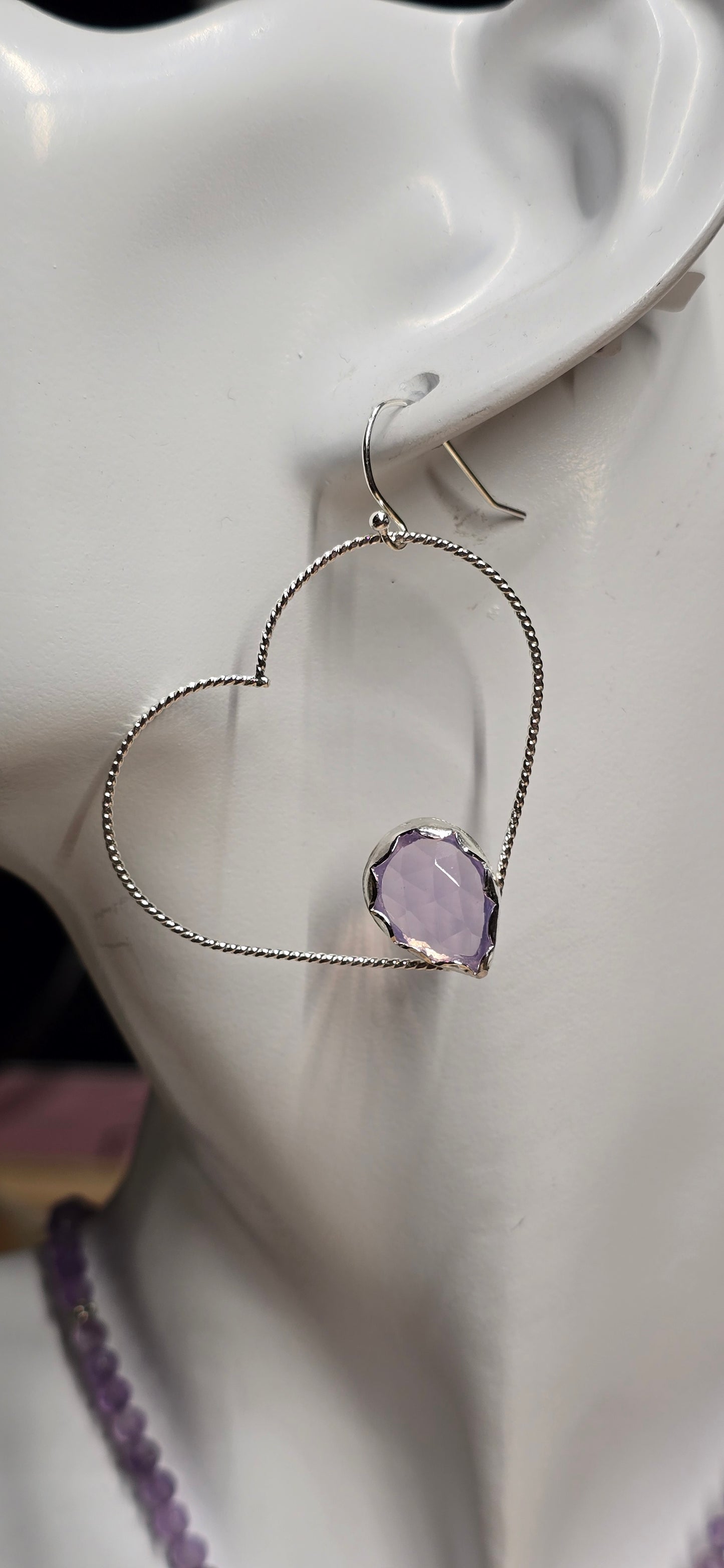 Faceted Lavender Quartz Sterling Silver Twist Wire Heart Hoops