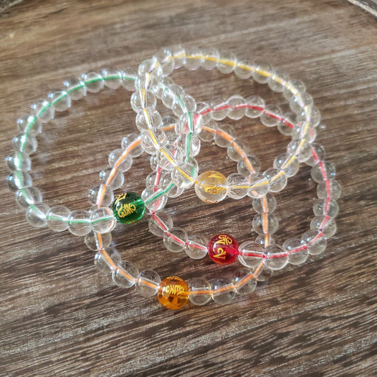 Clear beads with colored mantra & colored string